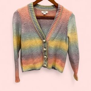 Rainbow stripe soft fuzzy wool blend chunky pearl button cardigan crop sweater